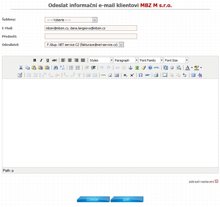 karta klienta informace odeslat mail nastaveni